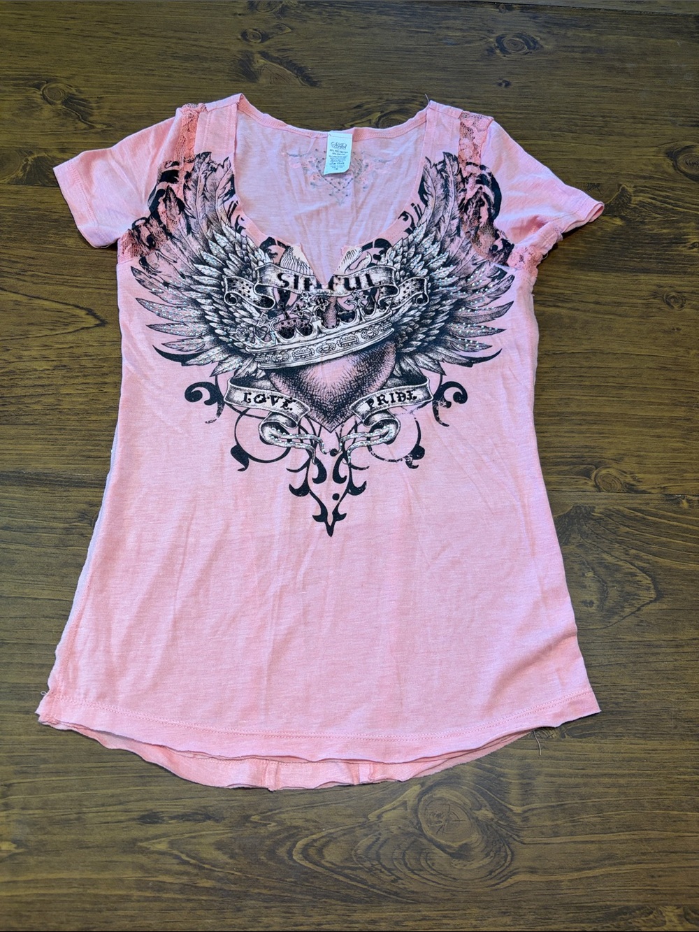 Sinful Pink V-Neck Tee with Winged Heart Graphic